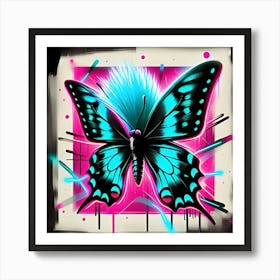 A Flashy Butterfly With A Neon Mohawk, Inspired By The Street Art Of Banksy, With A Bold Black And Neon Color Scheme, Where The Butterfly Is In Focus And The Background Is Blurred Into Neon Shapes, Framed With Abstract Brush Strokes (1) Art Print