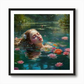 A gracefully floating water nymph, her delicate form surrounded by a tranquil garden of ethereal water blossoms. The petals of these flowers convey a range of emotions, shifting gently with the breeze that ripples through the crystal clear water. The aquatic stems showcase a vibrant array of colors, dazzling the eyes with their beauty. This captivating scene is depicted in a stunningly detailed painting, where every aspect is brought to life with rich and vibrant hues against green surroundings, crossing reality and illusion, highly detailed, cinematic scene, dramatic lighting, ultra realistic 1 Art Print