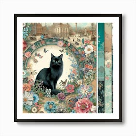 Black Cat With Flowers 1 Art Print