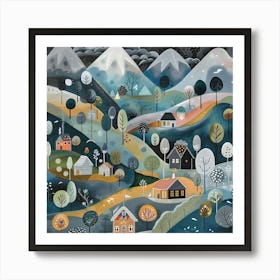 Winter Village and Mountains, Naïve Folk Art Print