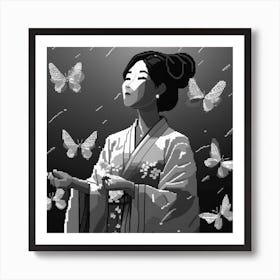 Japanese Woman In Kimono Pixel Art Print