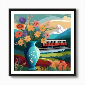 Flower Vase Decorated with Landscape and Train, Blue, Red and Green Art Print