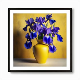 vase With Irises Against A Yellow Background Art Print