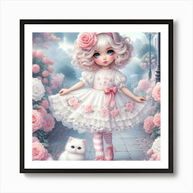 Little Girl With Pink Roses 2 Art Print