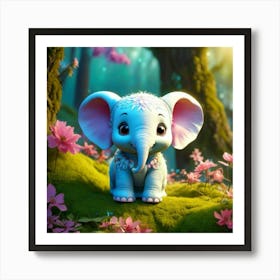 Firefly 3d, Animated, Cute, Little, Round, Turquoise, Elephant, Baby, Forest, Pink Flowers, Whimsica (1) Art Print