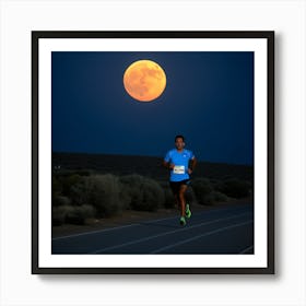 Maratonista Solitario Carriendo Con Luna Llena Art Print