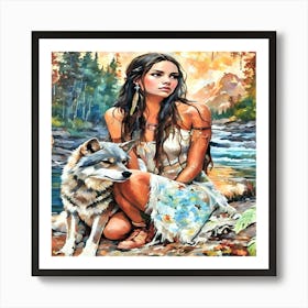 Native American Girl With Wolf-Drucke 09.12.2024--01-aa Art Print