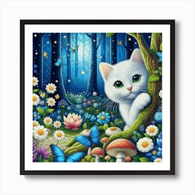 White Cat In The Forest 1 Art Print