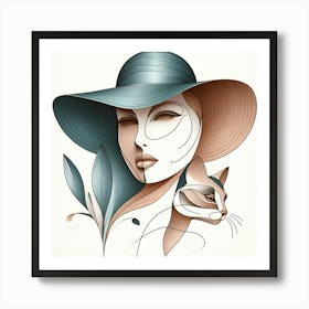 Woman In Hat And Her Cat - Color Minimal Line Drawing Art Print