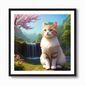 Cat And Waterfall Art Print