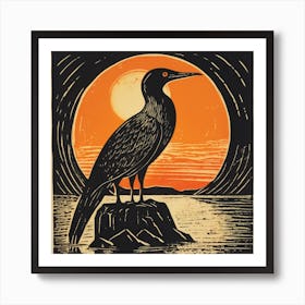 Retro Bird Lithograph Cormorant 3 Art Print