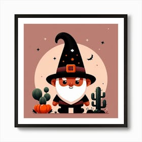 Cute Halloween Wizard And Moon - Vector style Illustration Art Print