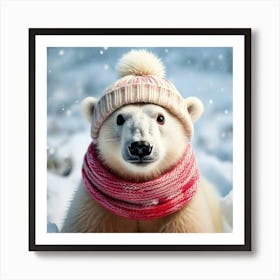 Firefly Playful, Endearing, Polar, Bear, Cub, Fluffy, White, Fur, Snowy, Backdrop, Knit, Cap, Scarf, (2) Art Print