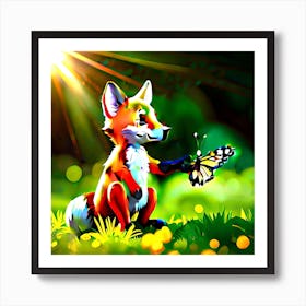 Fox And Butterfly Art Print