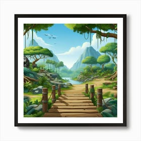 Jungle Scene With Wooden Bridge Art Print