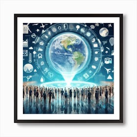 Group Of People Standing Around A Globe Art Print