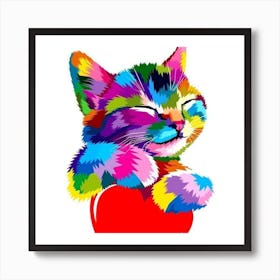 Colorful Cat With Heart Art Print