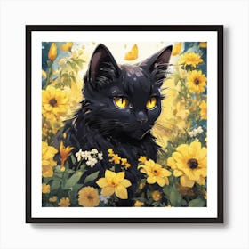 Black Cat In Flowers 1 Art Print