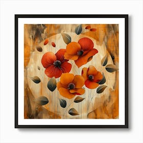 Abstract Painting Of Orange Poppies In A Circular Frame On A Textured Background Art Print