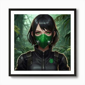 masterpiece, best quality, (Anime:1.4), black-haired girl, green eyes, small respirator mask, toxic environment, black leather outfit, epic portraiture, 2D game art, League of Legends style character Art Print