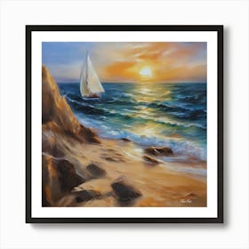 Oil painting design on canvas. Sandy beach rocks. Waves. Sailboat. Seagulls. The sun before sunset.1 Art Print