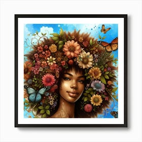 Afro Girl With Flowers and Butterflies Art Print