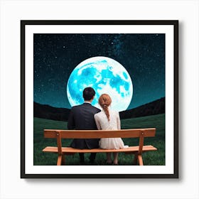 Couple Sitting On Bench Under Moon Art Print