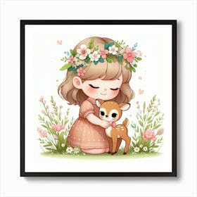 Cute Little Girl With A Deer 3 Art Print