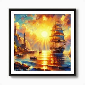 Sailing Ship At Sunset Art Print