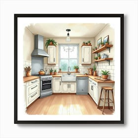 Watercolor Painting Of A Charming, Inviting Kitchen 1 Art Print