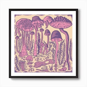 Mushroom Woodcut Purple 2 Art Print