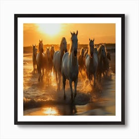 Herd Of Horses At Sunset,herd of white horses running in water Art Print