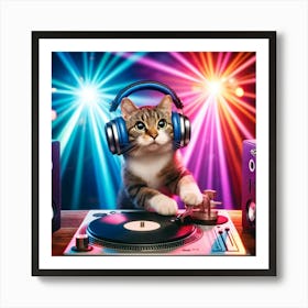 Create A Painted Image Of A Cat Wearing Headphones And Playing A Dj Set On Turntables, With Colorful Lights In The Background Art Print