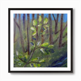 Forest Branch square painting nature leaves wood trees green brown blue hand painted figurative Art Print