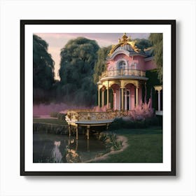 Pink House By The Pond Art Print