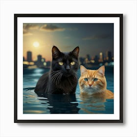 Two Cats In The Water Art Print