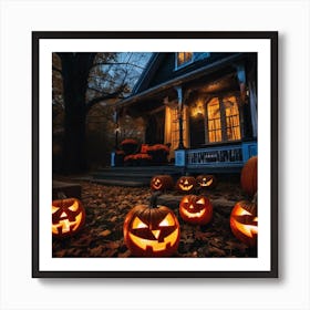 Halloween Pumpkins In Front Of A House 1 Art Print