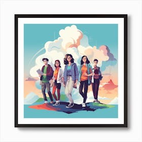 Group Of People Standing On A Cloud Art Print