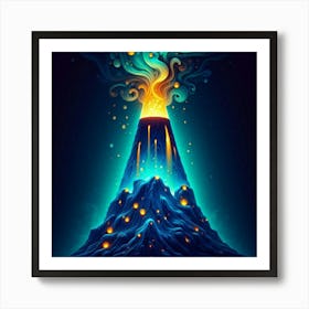 A Mountain Volcano Blue And Gold Green Lava Lamp With Flames And Smoke Swirling Art Print