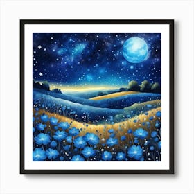 Blue Poppies At Night Art Print