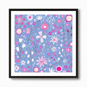 Pink and White Wild Flowers on Blue Art Print