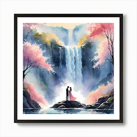 Spring Time Lover Couple By A Waterfall Watercolor Painting Art Print