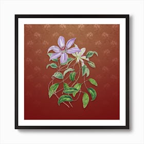 Vintage Violet Clematis Flower Botanical on Falu Red Pattern Art Print