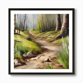 Dirt Road In The Woods.A dirt footpath in the forest. Spring season. Wild grasses on both ends of the path. Scattered rocks. Oil colors.17 Art Print