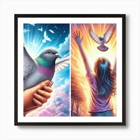 Pigeon And Girl Art Print