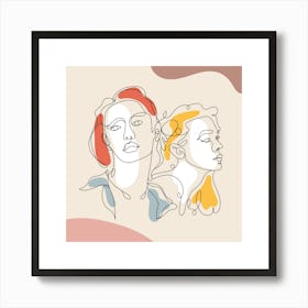 Portrait Of Two Women Continuous line drawing of a woman, Scandinavian wall art, fine art print. Art Print