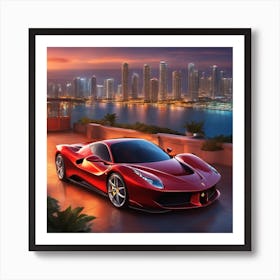 Ferrari Car Parked In Front Of Miami Skyline Art Print