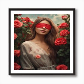 Blindfolded Woman In Red Roses Art Print