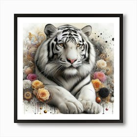 Tiger With Roses Art Print