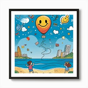 Cartoon Illustration Of A Hand Drawn Balloon Adorned With A Happy Face Floating Over A Bustling Beac (4) Art Print